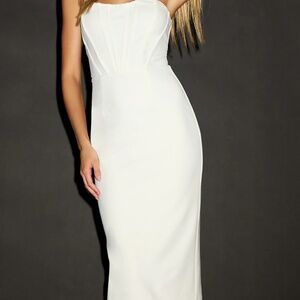 Gorgeously Sultry White Bustier Strapless Midi Dress